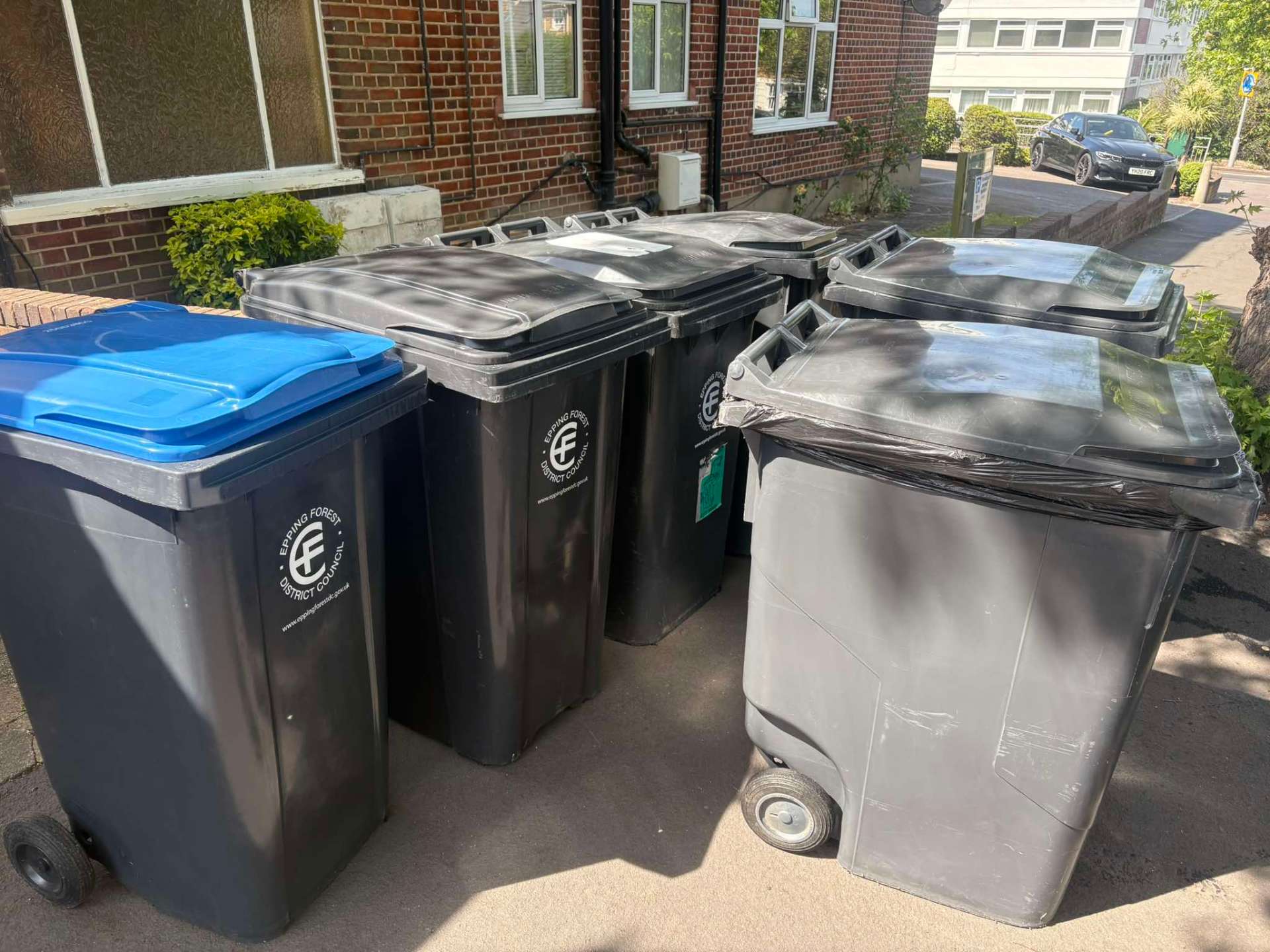 Wheelie bins ready for cleaning in Epping Forest
